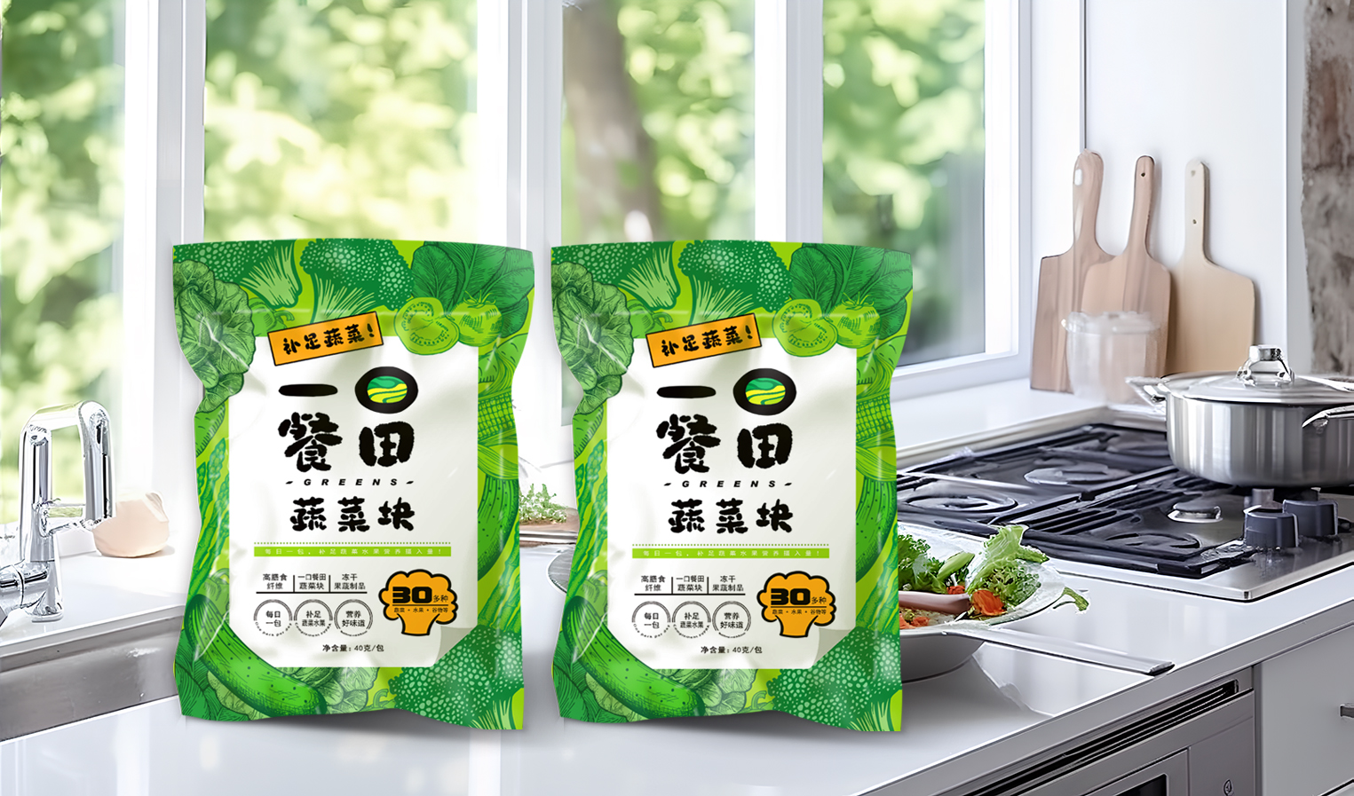 食品包装袋设计，品名：“一口餐田”蔬菜块