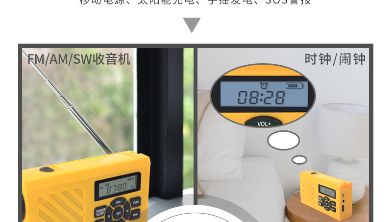 全波段收音机、手电筒、泛光灯、手摇发电